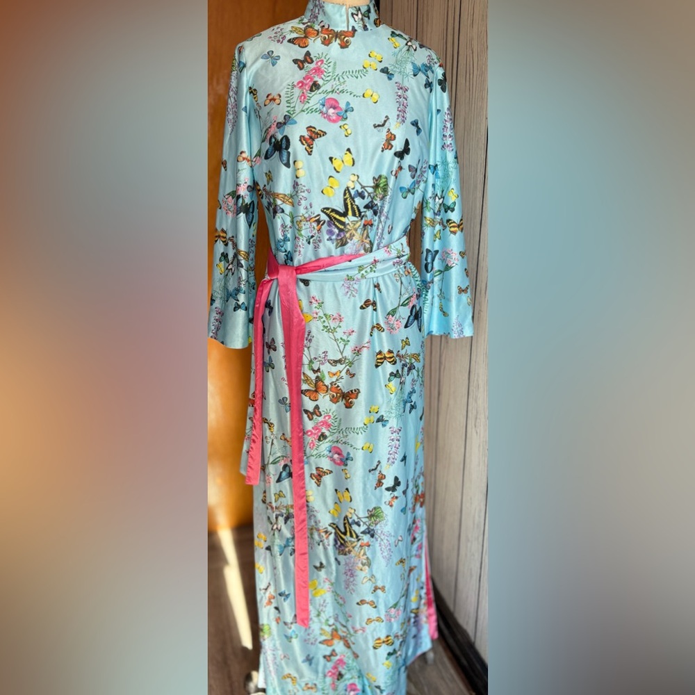 Vintage Floral Butterfly Maxi Dress with Pink Belt